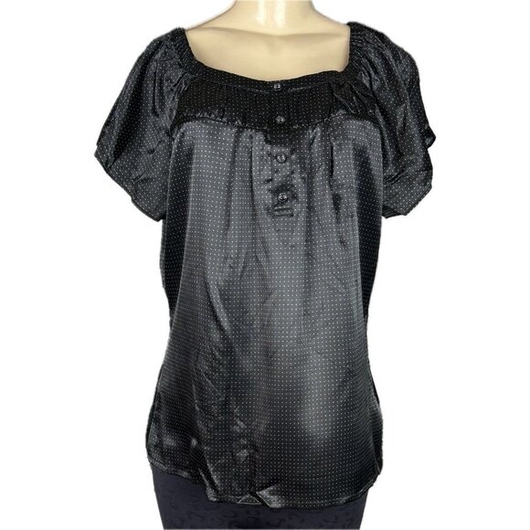 Apt 9 L Black Satin White Dot Print Scoop Neck Button Accent Short Sleeve Blouse - Picture 2 of 6